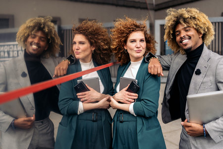 Cool afro man wearing formal clothes posing with his female colleague in the street and having fun....