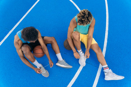Two afro american young men friends relaxing on court of street basketball after game. They are tying their shoelaces.の写真素材