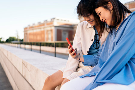 Happy asian couple sitting in the street together and looking at their smart-phone.の写真素材