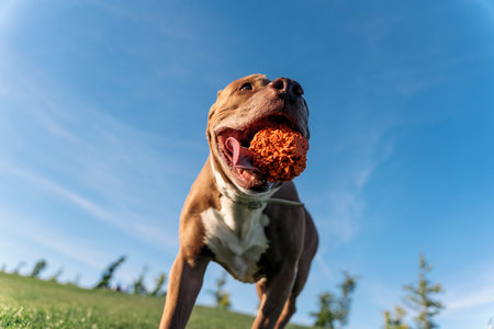 Beautiful purebred dog having fun in the park playing with a ball during a sunny day.の写真素材