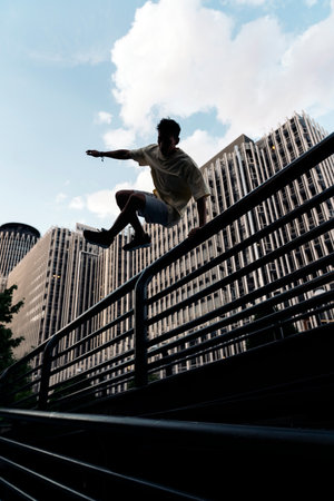 Cool young man doing parkour tricks in the city and having fun.の写真素材