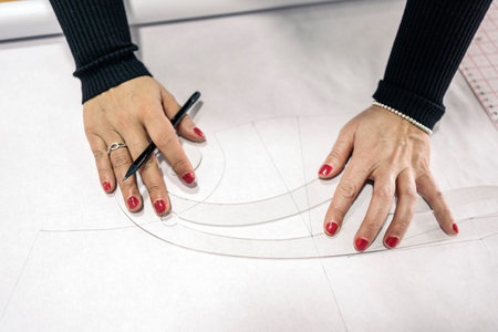 Unrecognized seamstress working in her fashion workshop. She is making a design for her next garment.の写真素材