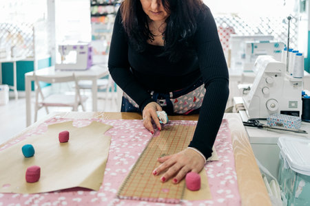 Unrecognized woman working in bright fashion workshop. She is measuring the fabrics.の写真素材