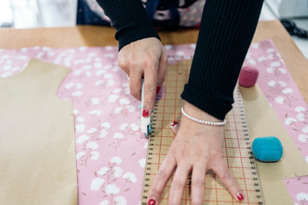 Unrecognized woman working in bright fashion workshop. She is cutting the fabrics.