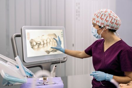 Stock photo of female worker of dental clinic showing an x-ray to a patient.の写真素材