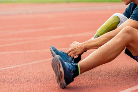 Close up disabled man athlete with leg prosthesis. Paralympic Sports Concept.の写真素材