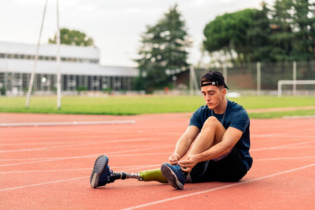 Stock photo of disabled man athlete taking a break and tying his trainers. Paralympic Sports Concept.の写真素材