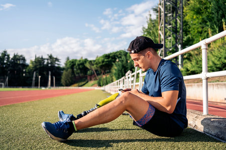 Disabled man athlete using his phone while sitting in the grass.の写真素材