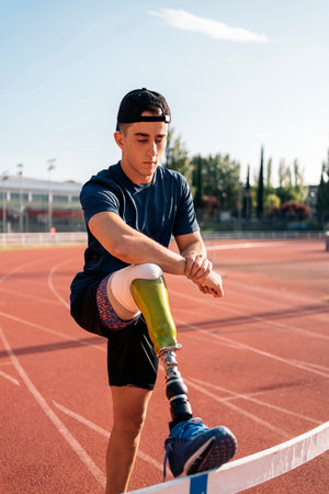 Stock photo of disabled man athlete standing on the running track.の写真素材