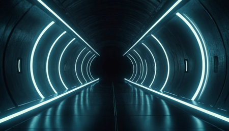3D abstract background with neon lights. 3d illustration of neon tunnelの素材