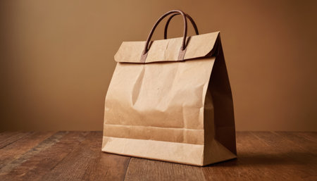Brown paper bag on wooden table and brown background. Copy space.の素材