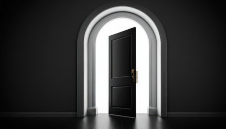 3D rendering of an open door in a dark room with a keyholeの素材