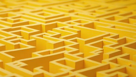 Maze background. 3d rendering, 3d illustration. Yellow background.の素材