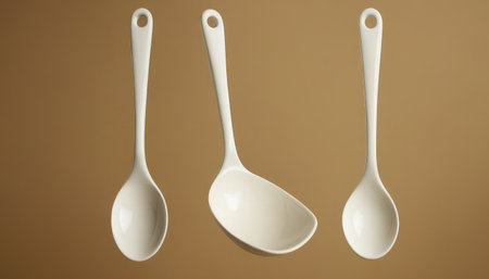 four white spoons on a brown background, closeup of photoの素材