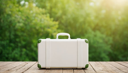 White suitcase on a wooden table against the background of green nature.の素材