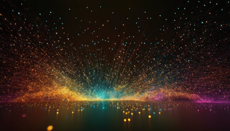 3D rendering of abstract technology background with glowing particles in empty spaceの素材