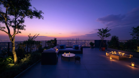 Experience urban elegance on a luxurious rooftop terrace at dusk. This captivating image showcases a breathtaking city skyline view, beautifully illuminated by the soft glow of candles. Ambient lighting creates a romantic ambiance perfect for relaxation and peaceful enjoyment. Featuring stylish outdoor lounge seating and lush plants, this scene evokes luxury and sophistication. Ideal for illustrating lifestyle, architecture, cityscape, or urban design concepts, particularly in evening or night settings.の素材