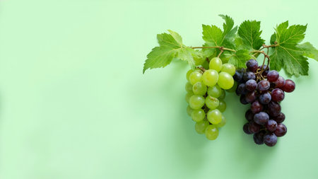 Vibrant, fresh green and purple grapes with lush green leaves rest against a soft, light green background. This image features a close-up, overhead view of a ripe bunch, showcasing the natural textures and colors of the fruit. Perfect for illustrating healthy eating, food photography, or concepts around agriculture and harvest, this image provides ample copy space. Keywords include grapes, healthy eating, food, and fresh.の素材
