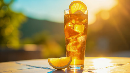 A tall glass of refreshing lemonade glistens in the sunlight on a bright sunny day, the perfect summer drink.  Ice cubes clink against the clear glass, visible through the transparent liquid alongside a lemon slice.  Bubbles dance, promising a cool and refreshing cocktail to quench your thirst. Capture the essence of summer for your marketing materials, promoting beverages, or illustrating warm weather concepts with this close-up shot of a delightful iced tea alternative.の素材