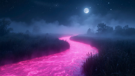 Enchanting night landscape showcases a glowing pink river meandering through a forest under a celestial display. A brilliant full moon and a cascade of stars illuminate the sky, creating a surreal and mystical atmosphere. Fog and mist add to the ethereal quality of this dreamy scene. Perfect for use as wallpaper, digital art, or illustrating themes of magic, fantasy, tranquility, and serene beauty. This artistic and atmospheric piece is visually stunning.の素材