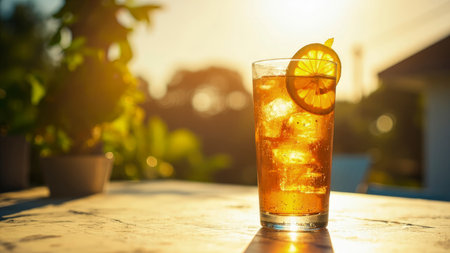 Enjoy the epitome of summer with this vibrant image of refreshing iced tea. A tall glass filled with iced tea, a crisp lemon slice, and glistening ice cubes sits invitingly on a table. Bathed in sunlight on a sunny summer day, this cold beverage is the perfect thirst quencher. Capture the essence of summer with this image, ideal for illustrating cocktail recipes, healthy living articles, or promoting refreshing drinks in outdoor settings.の素材