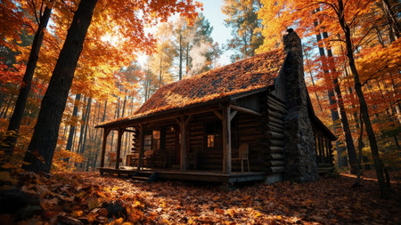 A charming, cozy wooden cabin is perfectly situated within a breathtaking autumn forest, showcasing the season's vibrant display of color. The rustic cabin features a smoking chimney, inviting warmth and hinting at a peaceful getaway. Surrounded by golden, brown, and orange foliage, this scenic landscape evokes feelings of tranquility. Ideal for illustrating concepts like fall retreats, seasonal tourism, or the allure of a cozy home nestled in the beauty of nature.の素材