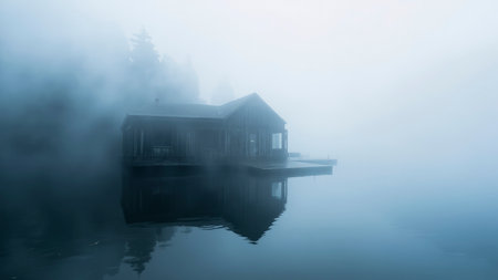 A solitary wooden cabin emerges from the dense fog on a gloomy day, its structure subtly reflected in the still water of the lake. This moody and atmospheric image evokes a sense of mystery and solitude, perfect for conveying tranquil scenes. The scenic landscape features a wooden exterior framed by a forest of trees, creating a peaceful and serene ambiance. This minimalist photograph is ideal for projects related to nature, cold environments, and evoking a sense of the ethereal. The foggy scene provides a timeless aesthetic.の素材