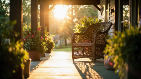 Bathed in warm sunlight, this inviting image showcases a cozy porch scene. A comfortable wicker chair sits amidst vibrant plants and flowers, creating a relaxing and serene atmosphere. The wooden floor and dappled light enhance the natural beauty of this home exterior, perfect for evoking feelings of comfort and peace. Ideal for illustrating articles on home decor, cottage living, or promoting garden spaces, this photograph captures the essence of a tranquil summer afternoon. The sunshine and golden hour glow add to the beautiful and inviting feeling.の素材