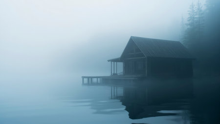A mysterious and moody lakeside cabin is captured in a grayscale photograph, shrouded in atmospheric fog. The serene lake water perfectly reflects the wooden structure, creating a tranquil and peaceful scene. Reflections dance on the water's surface as the mist hangs heavy over the landscape. This evocative image evokes solitude and mystery, ideal for projects emphasizing nature, the outdoors, or adding a touch of drama. Keywords include cabin, lake, fog, reflection, and moody.の素材
