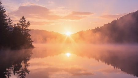Witness a breathtaking sunrise over a serene lake, its misty atmosphere perfectly mirrored in the tranquil water. Wisps of mist and fog dance above the calm surface, enhancing the beautiful and scenic landscape. The golden sun crests the horizon, painting the sky with vibrant hues of gold and orange. This idyllic scene offers a sense of peaceful tranquility, ideal for travel, nature, and wellness projects. Capture the essence of morning dawn with this natural background, perfect for evoking feelings of calm and rejuvenation.の素材