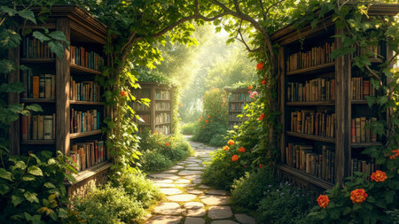 Step into an enchanting outdoor library nestled within a lush garden, where sunlight dapples across a stone path. Imagine a world of books and reading under a canopy of foliage with blooming orange flowers and vibrant leaves. An archway draped in ivy and vines invites you on a dreamy escape. This idyllic and peaceful scene evokes a sense of fairytale wonder, perfect for conveying themes of knowledge, education, beauty, and tranquility.の素材
