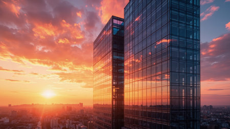 Witness a breathtaking sunset over a modern cityscape, where towering skyscrapers gleam with reflected light. The orange and red hues of the sky dramatically color the clouds and glass windows of the buildings. This stunning aerial view captures the essence of a vibrant urban center at dusk. Perfect for business and corporate presentations, travel brochures, or any project needing a captivating background image highlighting architecture and the beauty of a metropolitan setting.の素材