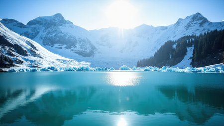 Experience the awe-inspiring beauty of a scenic landscape showcasing a vibrant turquoise lake dotted with icebergs, framed by majestic snow-capped mountains. This image captures the serene tranquility of a glacial environment, with a perfect reflection mirroring the blue sky above. Ideal for travel brochures, tourism websites, and environmental projects, the photograph evokes a sense of adventure amidst the pristine wilderness. It is a visual feast for anyone appreciating natural scenery and the untouched splendor of summer or winter landscapes.の素材