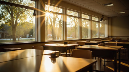 A bright, sun-drenched interior showcases an empty classroom on a beautiful day. Sunlight streams through large windows, illuminating rows of desks and chairs within the classroom setting. The interior of the school space evokes a sense of serenity and invites contemplation. Ideal for representing education, learning, and academic themes, this image is suitable for educational websites, illustrating articles on teaching methods, or designing promotional materials for colleges and universities. The presence of trees and nature outside suggests a connection to the surrounding landscape.の素材