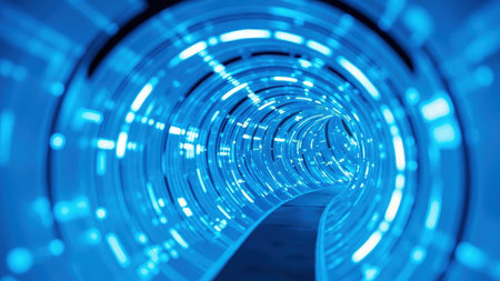 Explore a mesmerizing futuristic blue light tunnel visualization, embodying the essence of speed, connectivity, and digitalization. This captivating image features a luminous blue interior, representing technology, data, and the intricate web of communication within a digital realm. Perfect for illustrating network concepts, internet infrastructure, or the flow of information in cyberspace, the abstract design and glowing perspective offers a dynamic representation of motion and energy. Ideal for presentations, websites, and projects related to innovation and the digital world.の素材