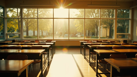 An inviting, empty classroom is bathed in golden sunlight, creating a sense of anticipation for the start of a new school year. The bright interior features rows of desks and large windows offering a scenic perspective of autumn foliage and mature trees. This image captures the essence of the education system, perfect for illustrating back-to-school campaigns, articles on learning, or to convey a message of hope and new beginnings within university or college materials.の素材