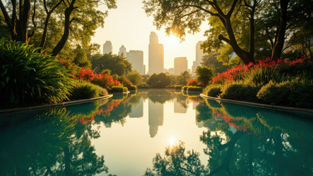 Find serenity in this photograph of a tranquil urban oasis nestled within the bustling city landscape of Los Angeles. A picturesque park features a pond reflecting the silhouettes of skyscrapers and the vibrant hues of sunlit trees. The image captures the peaceful harmony of nature and architecture, with green plants and foliage adding to the scenic beauty. Ideal for illustrating urban design, environmental conservation, or promoting a sense of calm and peaceful living, this image is perfect for projects seeking scenic and beautiful imagery.の素材