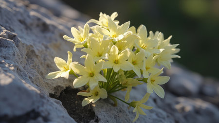 A close-up macro photograph captures a delicate cluster of pale yellow wildflowers, their soft petals contrasting beautifully with the rough, textured surface of the stone they emerge from. Bathed in gentle sunlight, these blossoms display a serene, natural beauty. Ideal for projects needing a touch of organic elegance, this image is perfect for illustrating springtime or summer themes, floral designs, or adding a delicate aesthetic to websites, marketing materials, and more.の素材