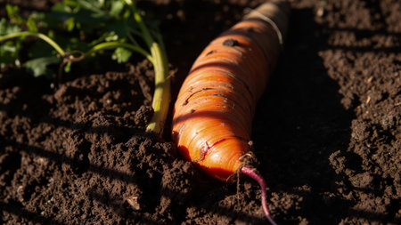 A vibrant, freshly harvested carrot emerges dramatically from rich, dark soil in this captivating close-up. The bright orange vegetable stands out against the earthy background, showcasing its fresh and organic qualities. This detailed macro photograph highlights the textures and natural beauty of this root vegetable. Ideal for illustrating agriculture, farming, harvest, or healthy eating concepts, this image conveys the essence of homegrown produce and the journey from garden to table, perfect for use in editorial content focused on nutrition and raw food preparation.の素材