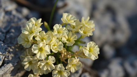 A close-up shot captures the serene beauty of a wildflower in full bloom. Delicate, pale yellow flowers, possibly primrose, burst forth amidst a textured bed of gray rocks. Bathed in soft natural light, the image showcases the intricate petals and texture of the flora. The macro detail highlights the fresh, delicate beauty of spring growth. This image is perfect for projects focusing on nature, botany, floral design, and showcasing the beauty in nature.の素材