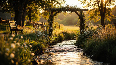 Capture the essence of romance with this stunning image of a wedding arch nestled in a breathtaking natural setting. Bathed in golden hour sunlight, a wooden arch adorned with floral decor stands beside a flowing stream, creating an idyllic atmosphere for a wedding ceremony. This rustic and romantic scene, complete with a peaceful landscape and beautiful details, is perfect for event planners, photographers, or anyone seeking to evoke feelings of love and marriage in their projects.の素材