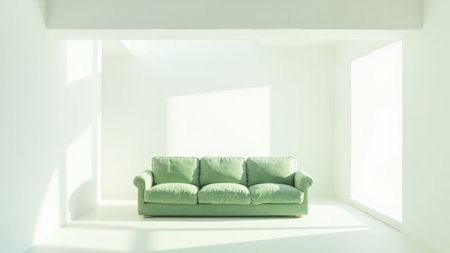 A vibrant green modern sofa sits in a bright, airy living room, bathed in sunlight. This minimalist interior design features clean white walls, creating a fresh and serene atmosphere. The contemporary design, with its soft pastel tones and comfortable furniture, offers a cozy and inviting space. Ideal for illustrating home decor, design projects, or showcasing residential architecture, this image captures the essence of modern living.の素材