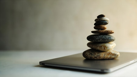 A carefully balanced stone stack rests atop a sleek laptop, symbolizing the integration of harmony and technology. This image evokes themes of mindfulness and digital wellbeing within a modern office or work setting. The zen-like arrangement against a neutral background represents peace, calm, and focused productivity. Ideal for projects related to business, wellness, healthcare, meditation, or alternative medicine, this image conveys a powerful concept of balance.の素材