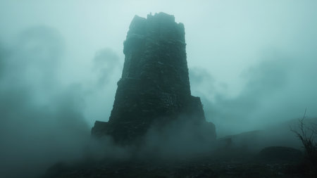 A mysterious stone tower pierces the dense fog of an atmospheric landscape, evoking a sense of abandonment. This eerie image of ancient ruins in a moody environment captures the essence of solitude and desolation. The weathered stone structure, shrouded in mist, creates a dramatic scene with gothic undertones. Ideal for projects exploring themes of fantasy, history, travel, or vintage aesthetics. It is perfect for conveying a mysterious and ominous mood.の素材