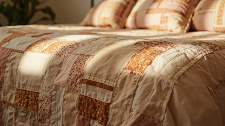 Experience the inviting warmth of this close-up image featuring a handmade patchwork quilt and pillows artfully arranged on a bed. The bedroom setting is enhanced by sunlight and shadow, creating a cozy and comfortable atmosphere. Showcasing a beautiful floral print and earth tones, the textile details and soft fabric textures provide a vintage and rustic feel. Ideal for home decor projects, lifestyle features, or conveying tranquility and relaxation, this image captures the essence of a handmade craft.の素材