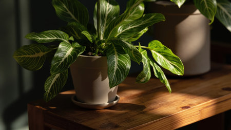 A vibrant close-up showcases a healthy Nerve Plant (Fittonia) displaying intricate white veins against lush green leaves. This beautiful houseplant rests in a stylish decorative pot on a wooden shelf, creating a serene and tranquil atmosphere. The image highlights the plant's natural beauty, perfect for use in home decor projects, interior design visuals, or adding a touch of nature to websites and blogs focused on gardening and lifestyle. The bright light and subtle shadows enhance the aesthetic appeal.の素材
