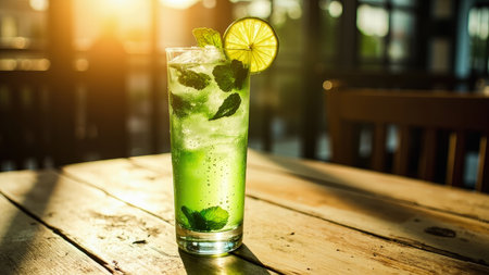 A vibrant and refreshing mojito cocktail sits in a highball glass, garnished with fresh mint and lime. Captured at a sun-drenched cafe, the drink is presented on a rustic wooden table, with the light creating a summery atmosphere. Bubbles dance in the cold beverage, hinting at its delicious and thirst-quenching quality. Ideal for showcasing summer drinks, bar menus, or lifestyle content related to happy hour and celebrations. The close-up detail highlights the fresh ingredients.の素材