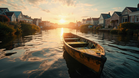 A peaceful scene captures a small boat gliding on a calm river, mirroring the vibrant sunset hues. The sky is filled with soft clouds as the golden hour bathes the water in light and orange tones. A perfect reflection of the scenic landscape is seen, featuring houses and buildings along the waterway. This picturesque, idyllic image evokes a sense of serene peace ideal for travel, vacation, or holiday promotions. The dusk evening ambiance creates a sense of tranquility, while the vintage, old, wooden boat adds character.の素材