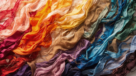 A visually stunning display of flowing colorful silk and burlap fabric arranged in a vibrant rainbow pattern. This captivating image showcases the interplay of textures, with the flowing, smooth silk contrasting against the natural burlap. The colorful textile arrangement creates a captivating background, ideal for art, design, and fashion projects. The vibrant color palette and artistic composition highlight elegance and style, perfect for adding a creative touch to any project. The draped cloth evokes a sense of movement and sophistication.の素材