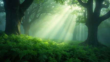 Step into a serene forest scene bathed in the soft glow of sunlight filtering through a delicate mist. Towering, majestic trees stand tall amidst vibrant green foliage, creating an atmospheric and dreamy landscape. The play of sun rays and dappled light enhances the peaceful and tranquil atmosphere of the woods. Perfect for evoking a sense of natural beauty, this image is ideal for projects related to nature, relaxation, environmental themes, or creating a magical and mystical ambiance.の素材